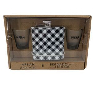 Buffalo Plaid Hip Flask Shot Glass Set Warm Fuzzy‎ Black White Gingham NEW Gift